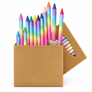 Children’s crayon set in a plain cardboard box without SKU text