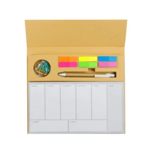 Eco-friendly weekly planner kit with pen clip and sticky notes for branded gifting in the UAE
