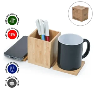 Foldable wireless charging pad with mug warmer and pen holder