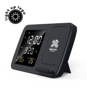 Black digital alarm clock with wireless charger